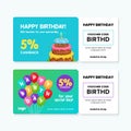 Birthday gift voucher card template design. 5% cashback coupon code promotion with birthday cake artwork and balloons background