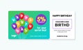 Birthday gift voucher card template design. 5% cashback coupon code promotion with set of birthday balloon artwork background