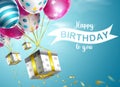 Birthday gifts and balloons vector design. Happy birthday to you text with balloon and gift elements floating in blue sky.