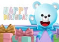 Birthday gifts vector concept design. Happy birthday greeting text with teddy bear and box of gifts