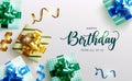 Birthday gifts vector design. Happy birthday greeting text with gift boxes and ribbon lasso party elements for birth day surprise.