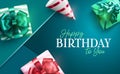 Birthday gifts vector design. Happy birthday to you text with gift boxes and party hat elements for celebrating birth day greeting