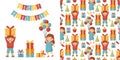 Birthday giftxes garlands flat vector seamless pattern. Hand drawn background for a party holiday for children festival