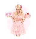 Birthday girl in dress holding birthday cake and coffee cups. Fashion illustration.