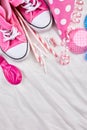 Birthday girl flat lay, top view and copy space for text, frame or background with pink festival items, party hats and streamers, Royalty Free Stock Photo