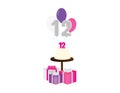 Girl 12th birthday vector illustration. birthday cake, balloons and gift box