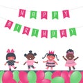 Birthday girls party. Greeting Card template. Invitation template. Cute children dance. Flags Happy Birthday Royalty Free Stock Photo