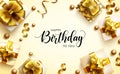 Birthday gold gifts vector background design. Happy birthday to you greeting text with golden elegant gift boxes, ribbon and pearl Royalty Free Stock Photo