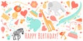 Birthday greeting banner template with funny african animals and birds, cakes and decorative elements. Funny cartoon characters