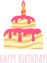 Birthday greeting card with cake and candle. Lettering Happy birthday. Simple cake with striped biscuit dough and glaze