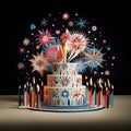 Birthday greeting card, cake, fireworks, paper cut, colorful, Generative AI
