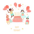 Birthday greeting card with cheerful children, balloons and cake with candles on a white background