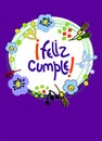 Birthday greeting card, with colorful floral decoration in naive art style. Text in Spanish says Happy Birthday
