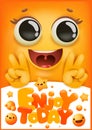 Birthday greeting card cover. Yellow smile emoji cartoon character. Enjoy today