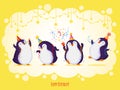 Birthday greeting card with cute cartoon penguins. Funny birds on a bright trendy colored yellow illuminating background.