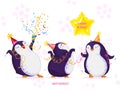 Birthday greeting card with cute dancing penguins. Funny birds in different birthday caps, various poses.