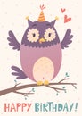 Birthday greeting card with cute owl