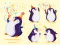 Birthday greeting card with cute penguins. Funny dancing birds in different hats various poses. Happy birthday. Vector cartoon