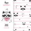 Birthday greeting card design for kids with cute little raccoon.