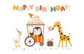 Birthday greeting card with funny characters of a giraffe, a goose and a penguin with ice cream. Bubble lettering cute Royalty Free Stock Photo