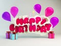 Birthday greeting card with happy birthday text in a milk splash, candles, balloons and gift boxes. 3D illustration