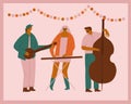 Birthday greeting card with indie rock band with banjo, contrabass and a women singer.