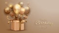 Birthday greeting card with luxury balloons with ribbon around and gift box. 3d realistic style.