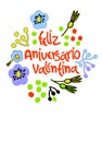 Birthday greeting card in Portuguese. Text says Happy Birthday Valentina. Hand lettering with colorful floral decoration