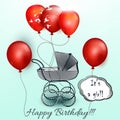 Birthday greeting card with red balloons and baby carriage Royalty Free Stock Photo