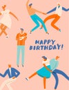 Birthday greeting card with retro sock hop dancers dancing on the party in 50s retro style.