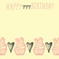 Birthday greeting card with strawberry cupcake.Hand drawn illlust