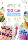 Birthday greeting card template. Banner, flyer with cake, gift, confetti, cap, serpentine. Happy birthday Invitation