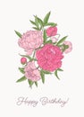 Birthday greeting card template with bunch of gorgeous blooming peony flowers hand drawn on white background. Elegant