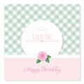 Birthday greeting card template. Round frame on plaid background. Shabby chic design.