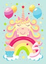 Beautiful birthday greeting card template with cute unicorn, rainbow, confetti, cupcake and 5, cartoon style. Royalty Free Stock Photo