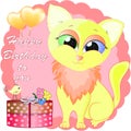 Birthday greeting card with yellow little cat. Royalty Free Stock Photo