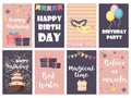 Birthday greeting cards vector design happy party invitation celebration gift anniversary background.