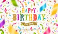 Birthday greeting with glitter gold banner and multicolored falling confetti.