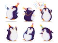 Birthday greeting set of six cute penguins. Funny dancing birds in different hats various poses. Vector cartoon illustration