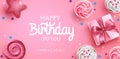 Birthday greeting vector background design. Happy birthday text in pink background with cute cup cakes and gift elements. Royalty Free Stock Photo