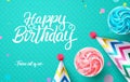 Birthday greeting vector background design. Happy birthday text with 3d realistic cupcakes and party hats celebration elements.