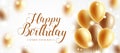 Birthday greeting vector design. Happy birthday text in elegant gold space with golden floating balloon bunch.