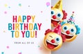 Birthday greeting vector template design. Happy birthday text in white pattern empty space with smiley clowns in funny faces.