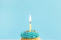 Birthday greeting concept. Burning candle on muffin, cupcake. Blue background