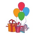 Birthday hat with balloons and gift boxes, colorful design Royalty Free Stock Photo