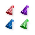 Birthday hat set. Colorful Birthday hats with geometric patterns circles stripes and stars. Vector illustration isolated on white Royalty Free Stock Photo