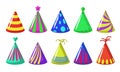 Birthday hats set. Collection of paper cap holiday icon isolated on white background and party celebration. Funny colorful objects Royalty Free Stock Photo