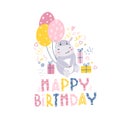 Birthday of the hippo. Children\'s print on clothes, fabrics with a small hippo, balloons and gifts.