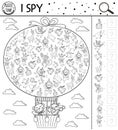 Birthday I spy game for kids. Searching and counting black and white activity for preschool children with cute animals flying in