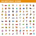 100 birthday icons set, cartoon style